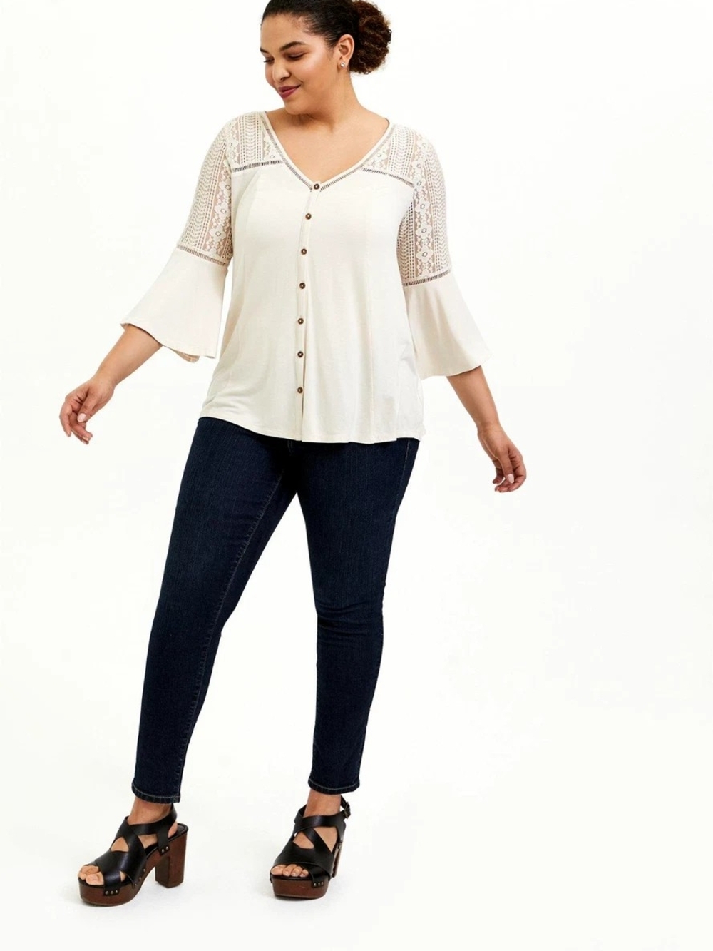 torrid Cream Lace-Sleeve Button-Front Top - Picture 7 of 7